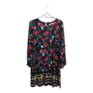 LOFT Women Black Red Floral Shift Swing Dress Long Sleeve Knee Length Stretchy M